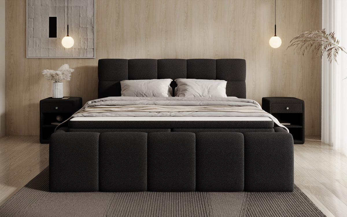 Designer gestoffeerd bed Romy in Teddystof Bouclé met opbergruimte incl. matrassen