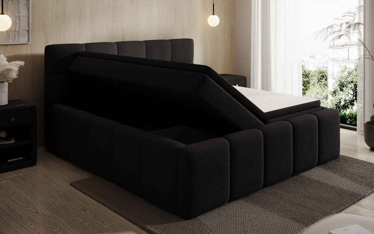Designer gestoffeerd bed Romy in Teddystof Bouclé met opbergruimte incl. matrassen