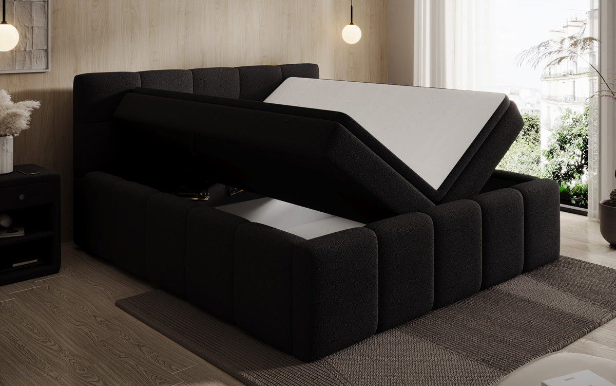 Designer gestoffeerd bed Romy in Teddystof Bouclé met opbergruimte incl. matrassen