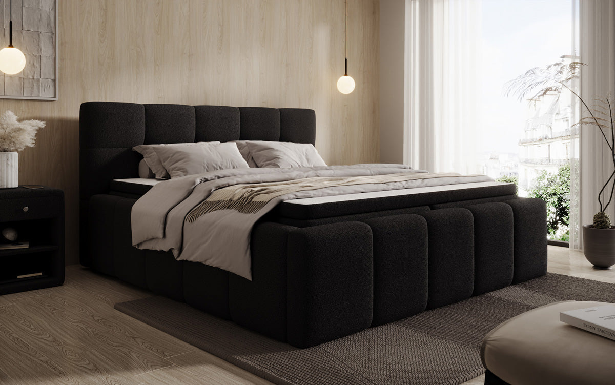 Designer gestoffeerd bed Romy in Teddystof Bouclé met opbergruimte incl. matrassen