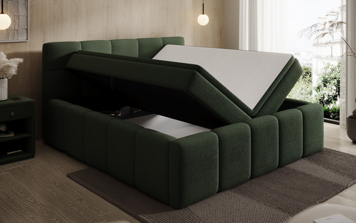 Designer gestoffeerd bed Romy in Teddystof Bouclé met opbergruimte incl. matrassen