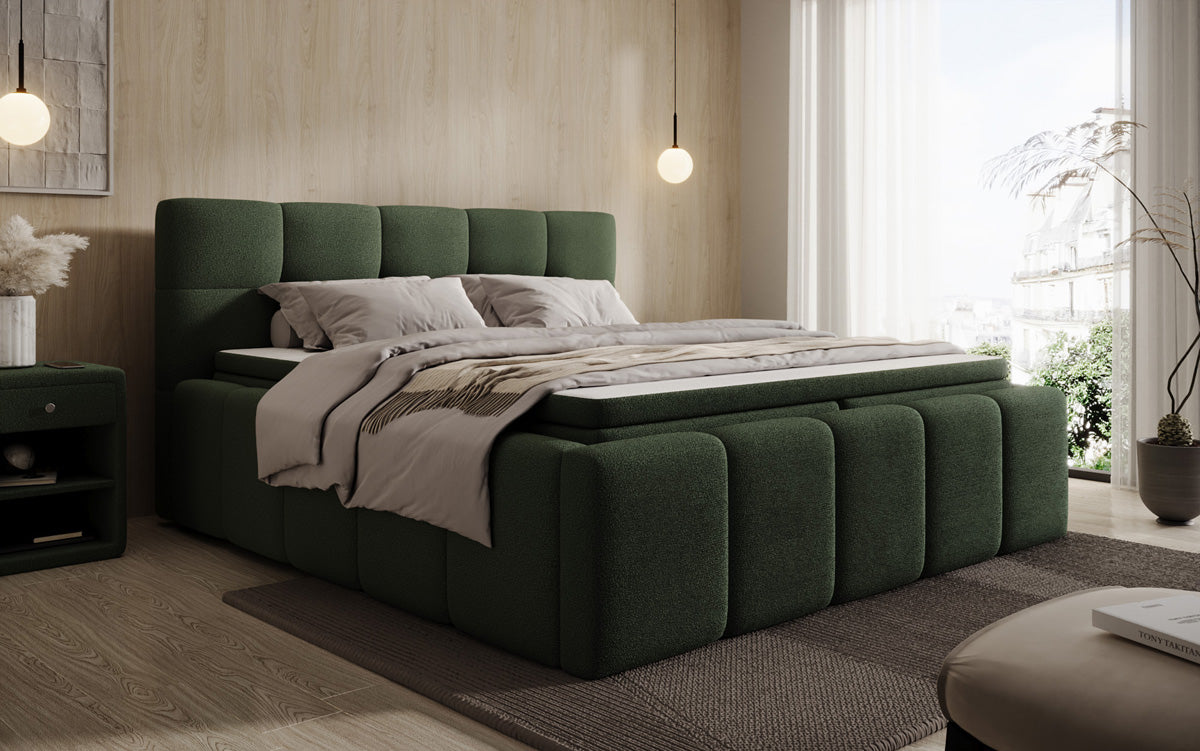Designer gestoffeerd bed Romy in Teddystof Bouclé met opbergruimte incl. matrassen