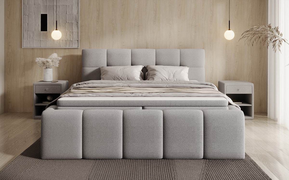 Designer gestoffeerd bed Romy in Teddystof Bouclé met opbergruimte incl. matrassen