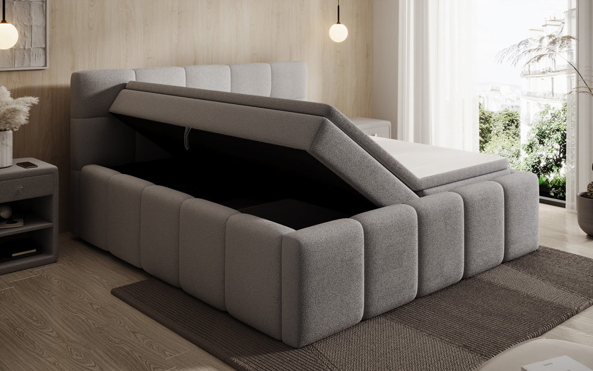 Designer gestoffeerd bed Romy in Teddystof Bouclé met opbergruimte incl. matrassen