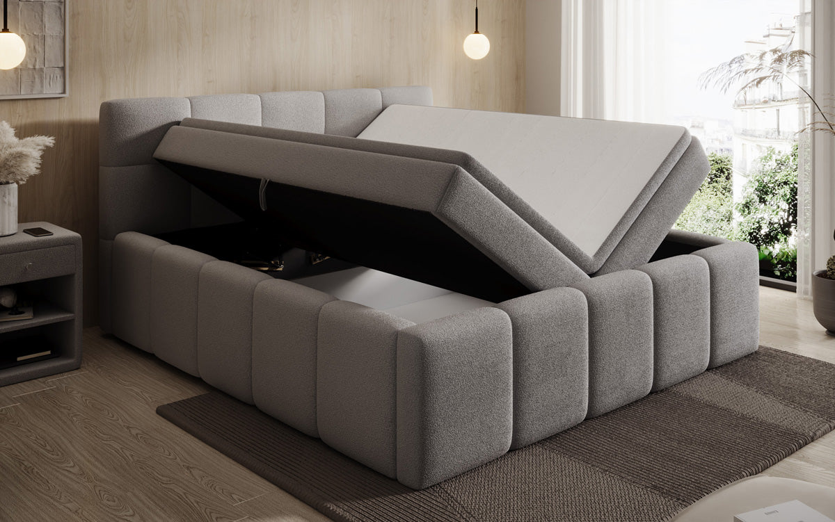 Designer gestoffeerd bed Romy in Teddystof Bouclé met opbergruimte incl. matrassen