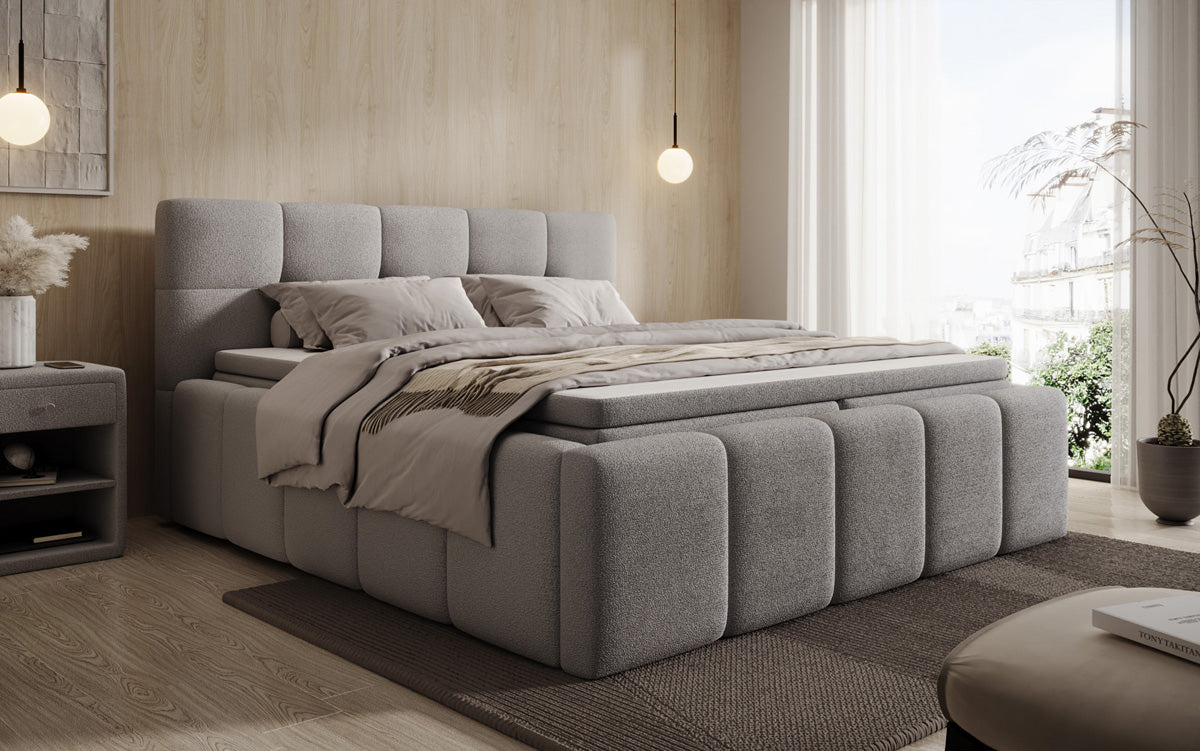 Designer gestoffeerd bed Romy in Teddystof Bouclé met opbergruimte incl. matrassen