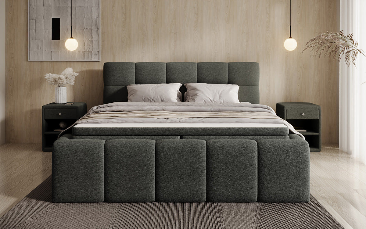 Designer gestoffeerd bed Romy in Teddystof Bouclé met opbergruimte incl. matrassen