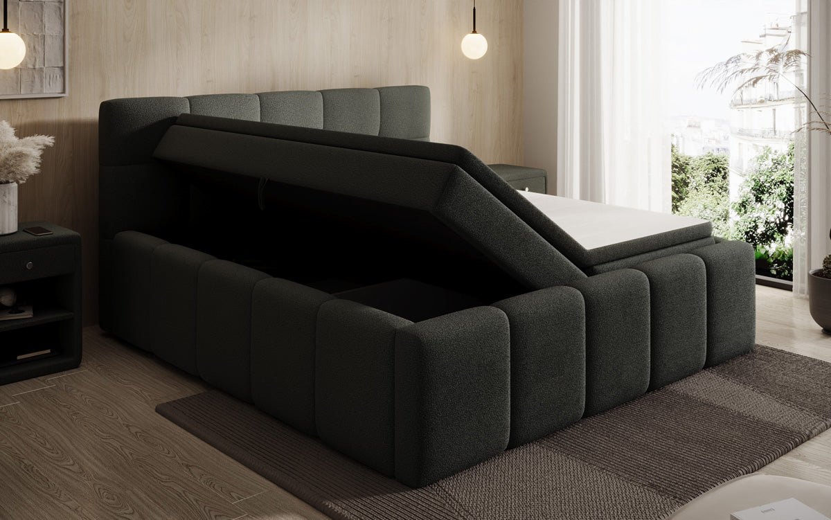 Designer gestoffeerd bed Romy in Teddystof Bouclé met opbergruimte incl. matrassen