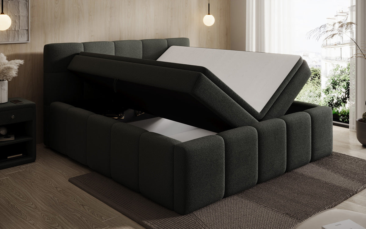 Designer gestoffeerd bed Romy in Teddystof Bouclé met opbergruimte incl. matrassen