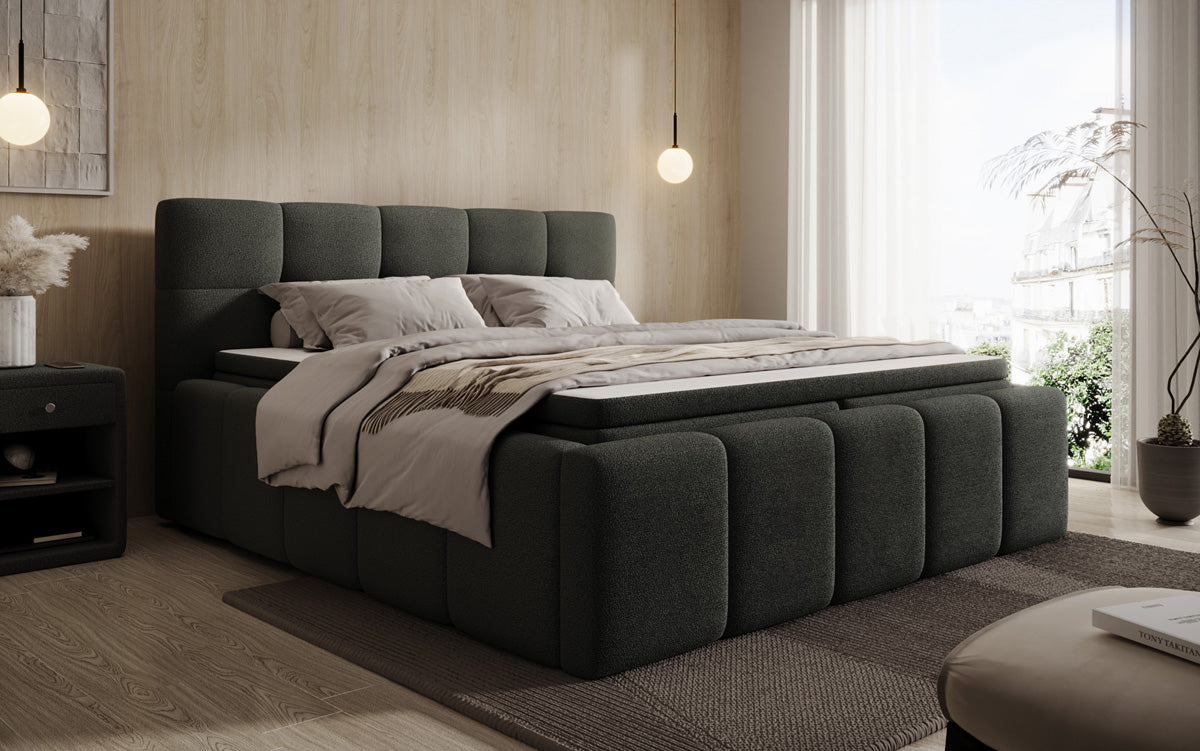 Designer gestoffeerd bed Romy in Teddystof Bouclé met opbergruimte incl. matrassen