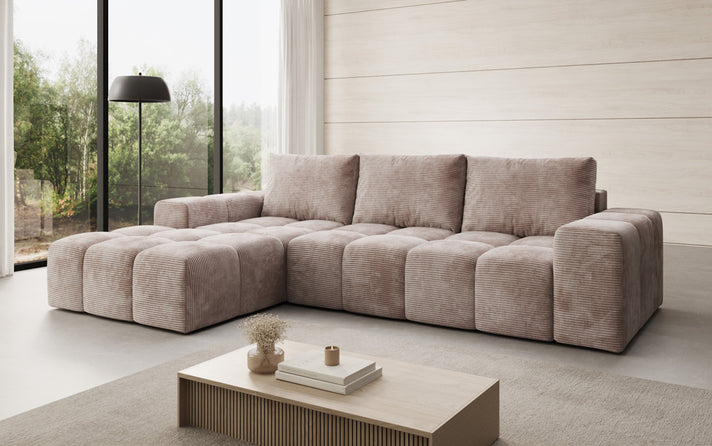 Designer hoekbank Aila met slaap- en uitklapfunctie in Ribstof