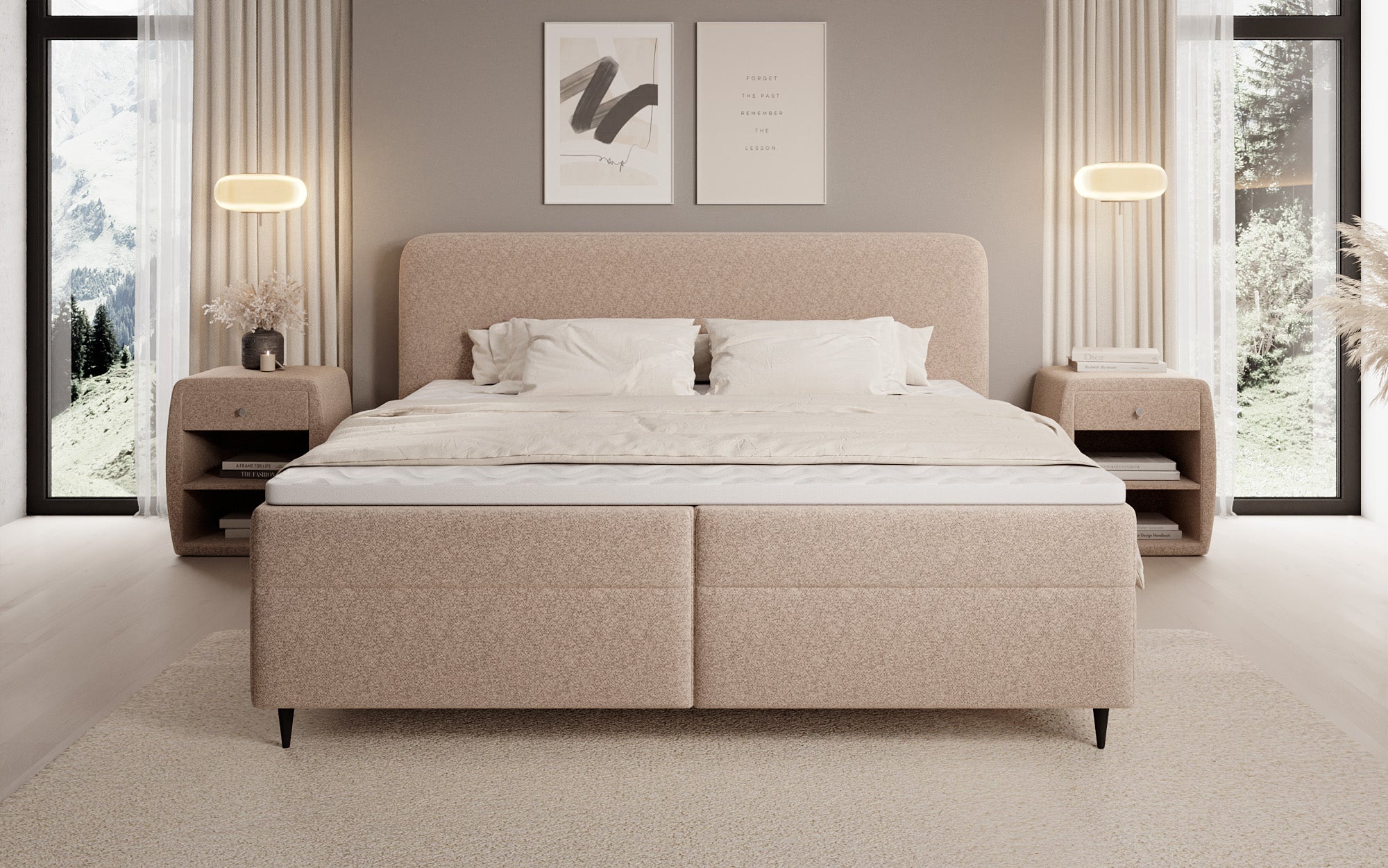 Boxspringbed Nea in structuurstof met opbergruimte