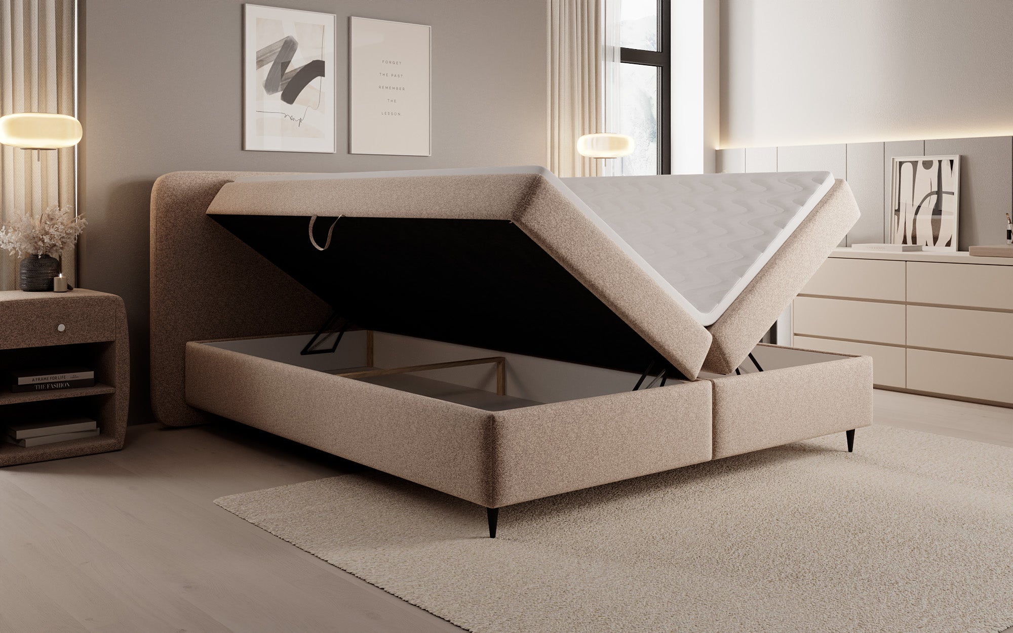 Boxspringbed Nea in structuurstof met opbergruimte