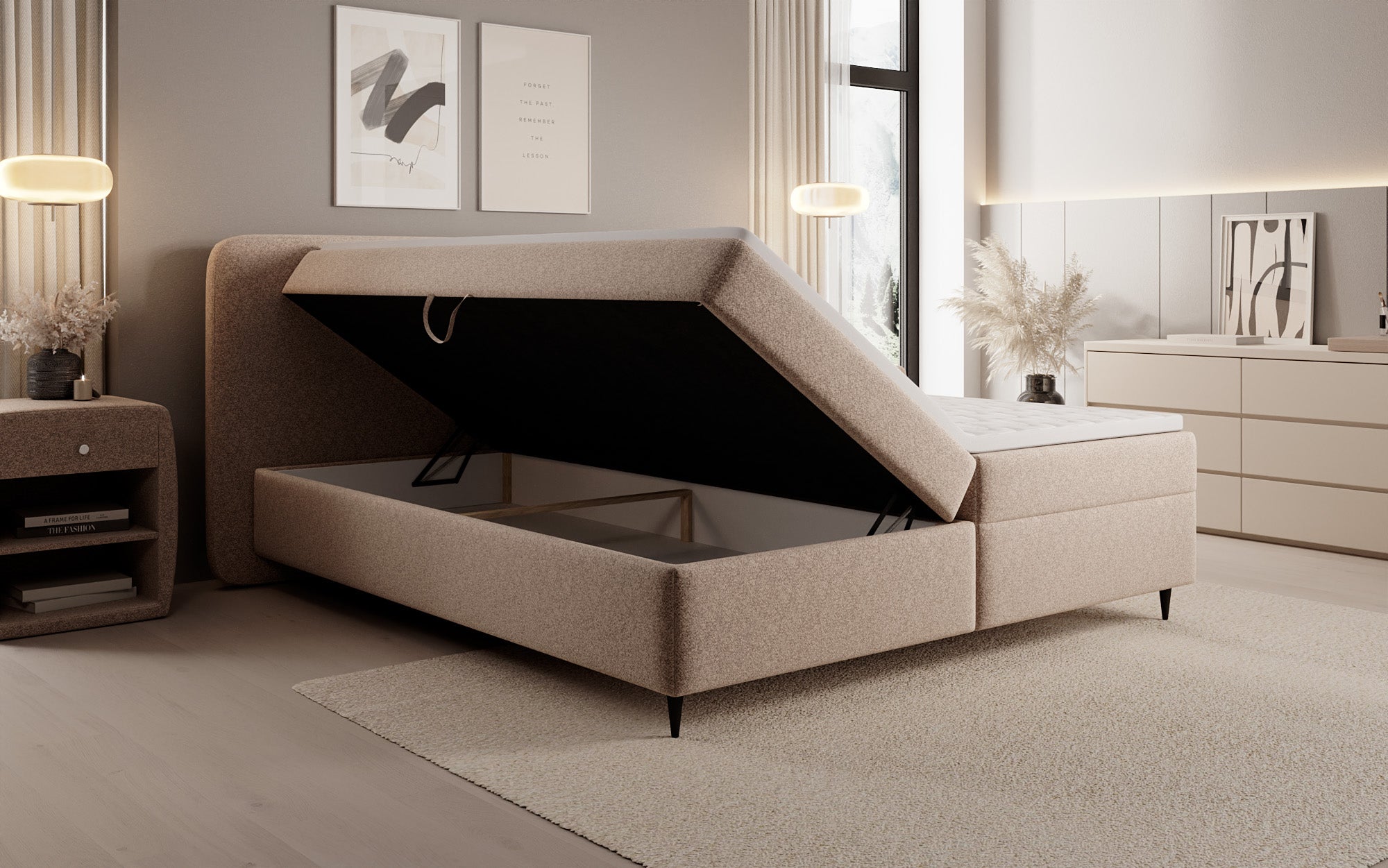 Boxspringbed Nea in structuurstof met opbergruimte