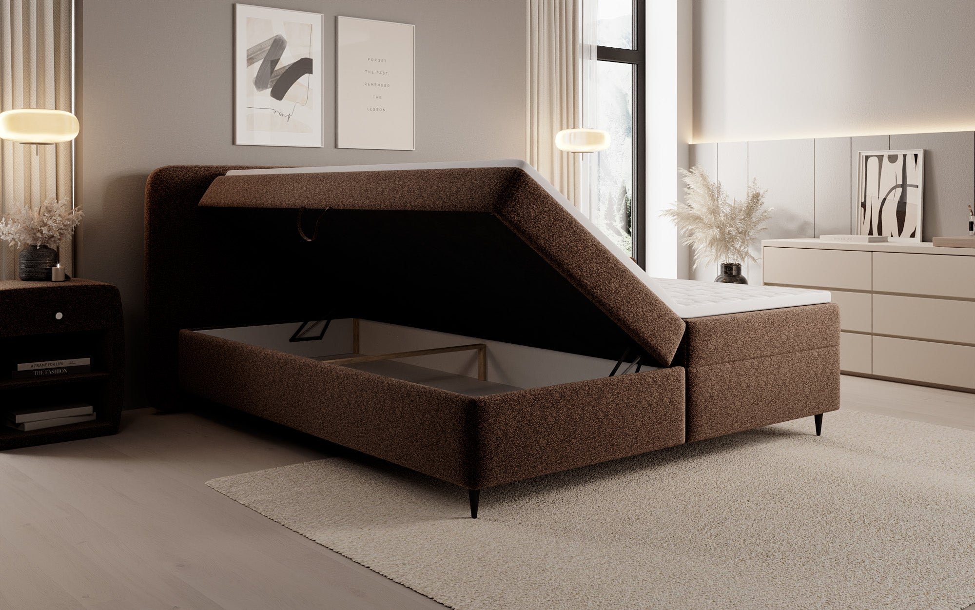 Boxspringbed Nea in structuurstof met opbergruimte