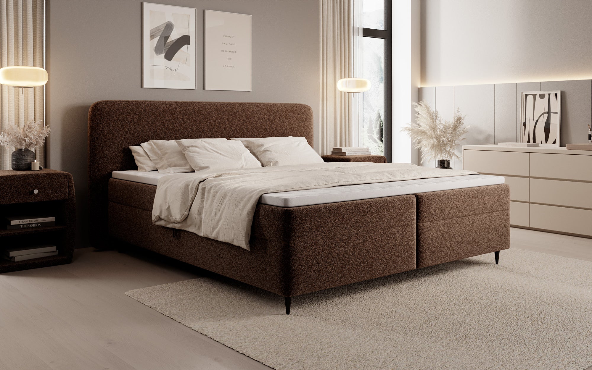 Boxspringbed Nea in structuurstof met opbergruimte