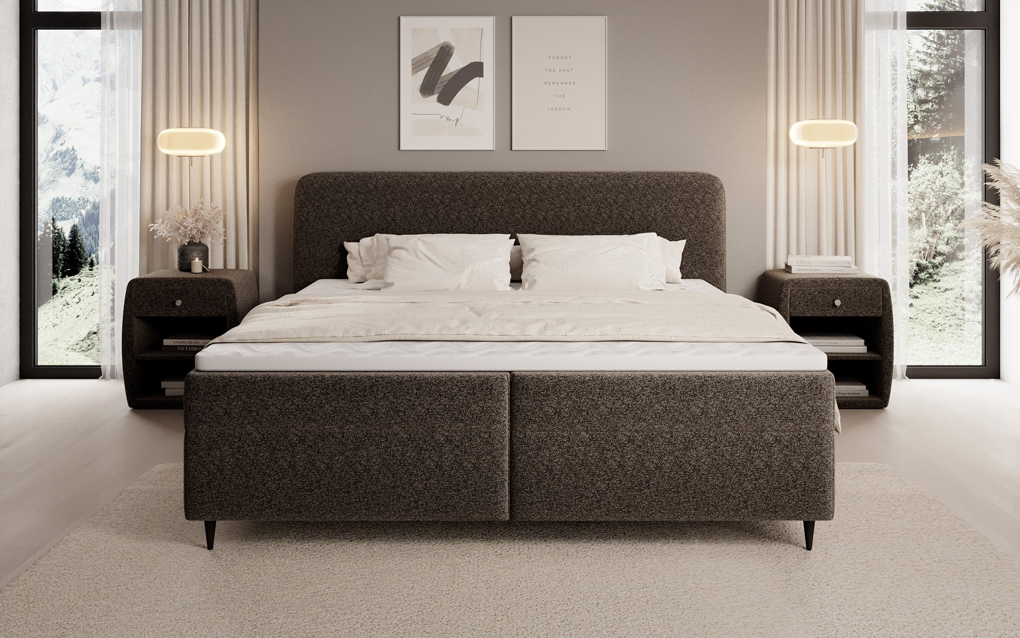 Boxspringbed Nea in structuurstof met opbergruimte