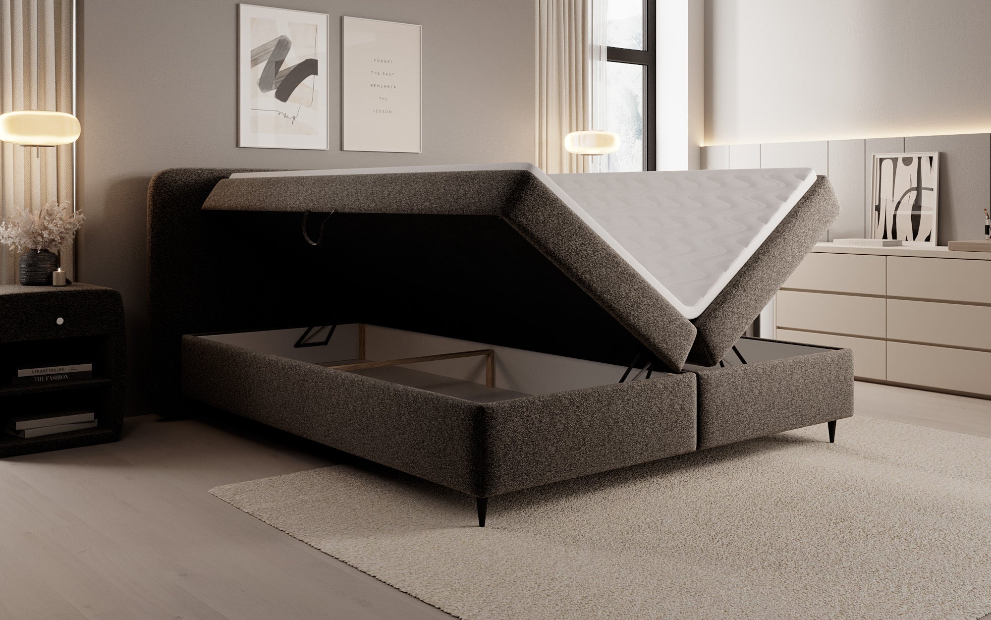Boxspringbed Nea in structuurstof met opbergruimte