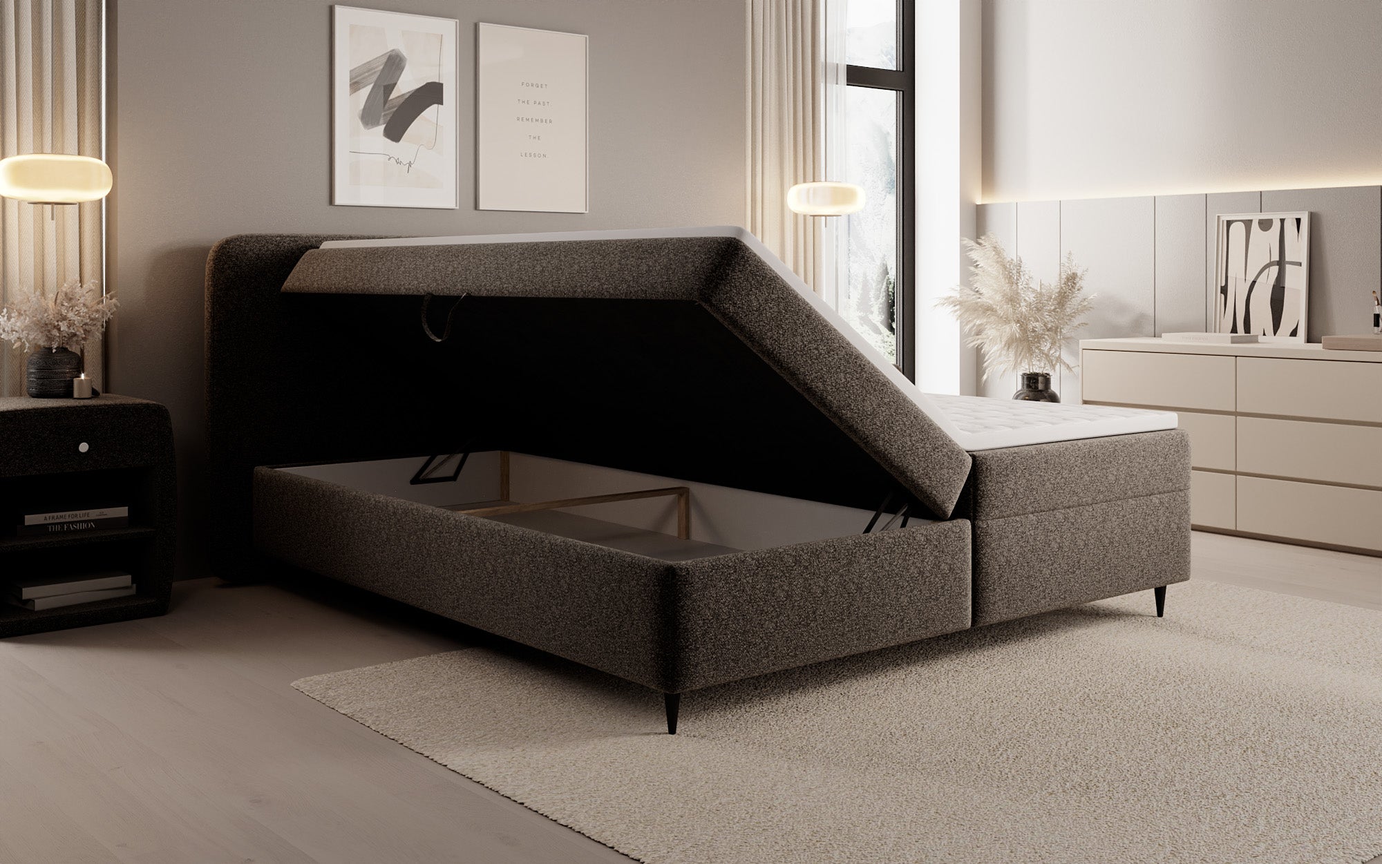 Boxspringbed Nea in structuurstof met opbergruimte
