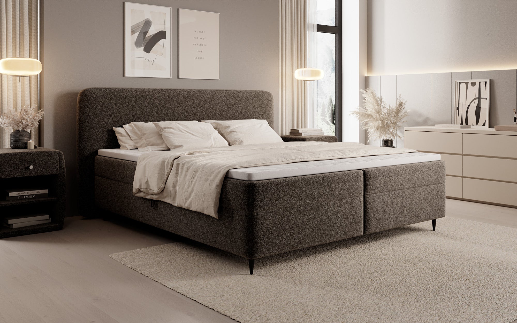 Boxspringbed Nea in structuurstof met opbergruimte