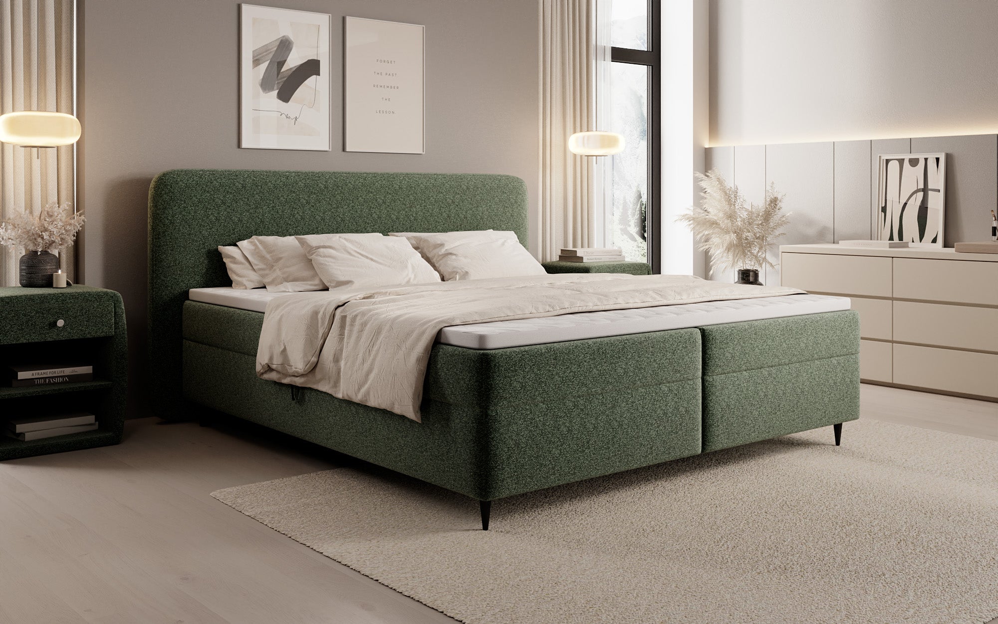 Boxspringbed Nea in structuurstof met opbergruimte