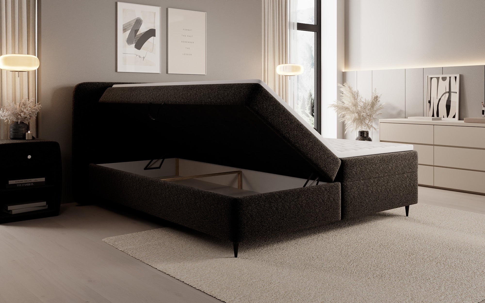 Boxspringbed Nea in structuurstof met opbergruimte