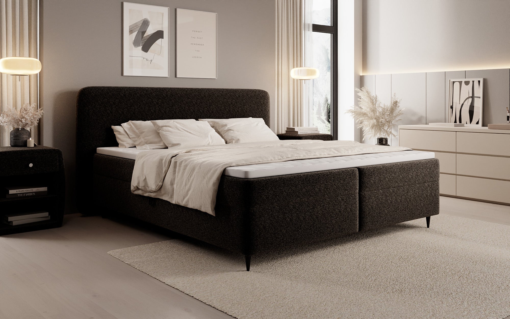 Boxspringbed Nea in structuurstof met opbergruimte