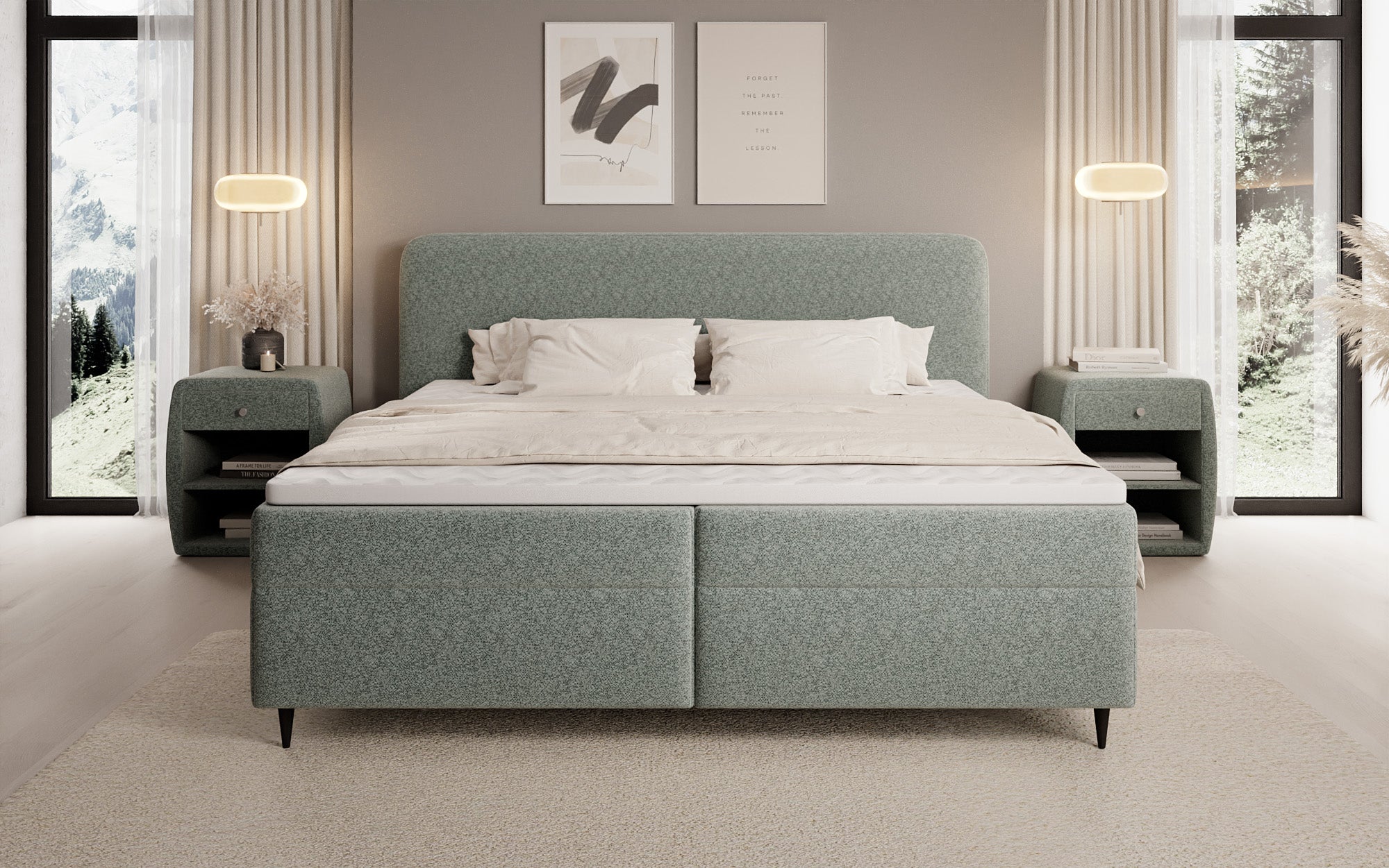 Boxspringbed Nea in structuurstof met opbergruimte