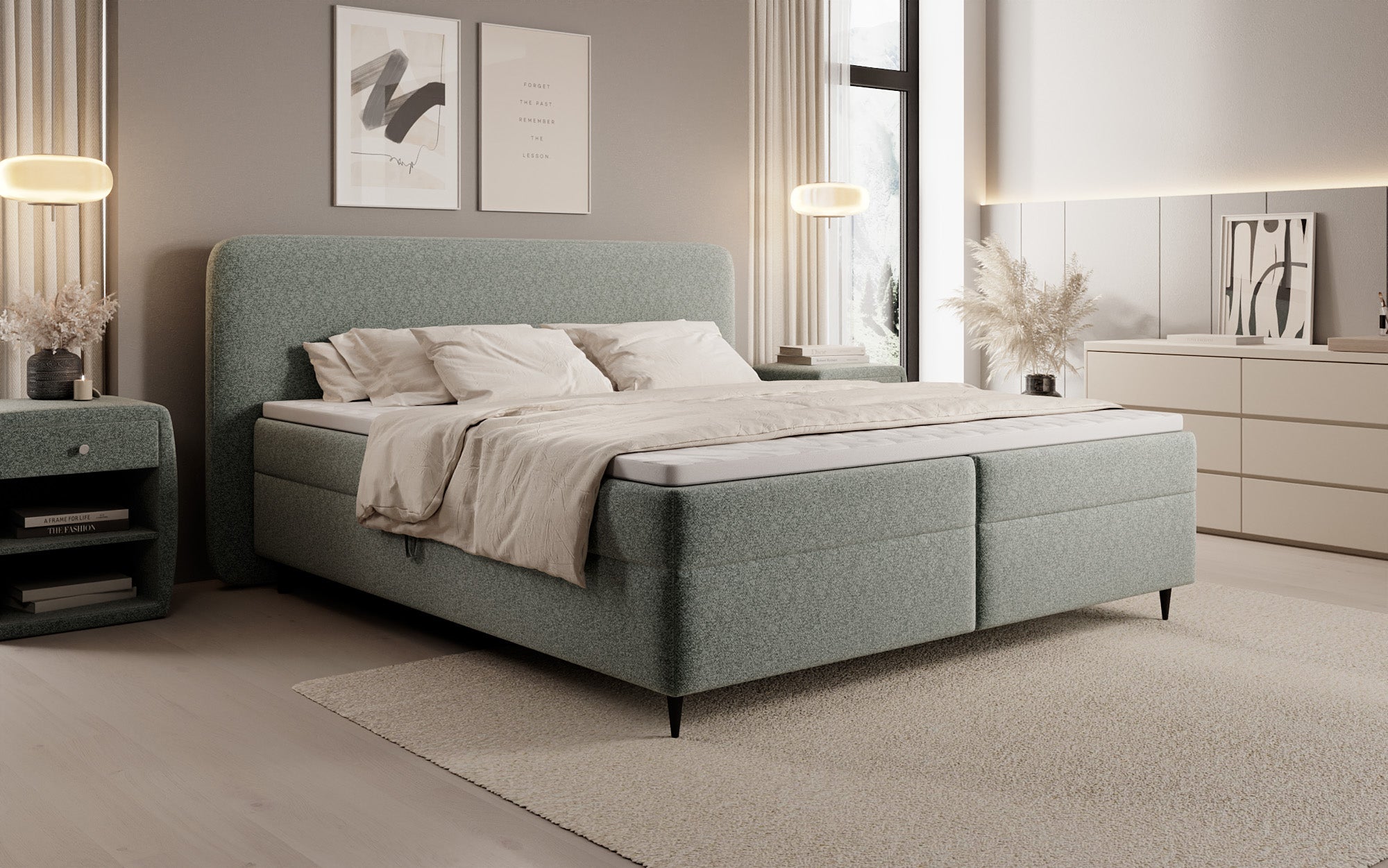 Boxspringbed Nea in structuurstof met opbergruimte