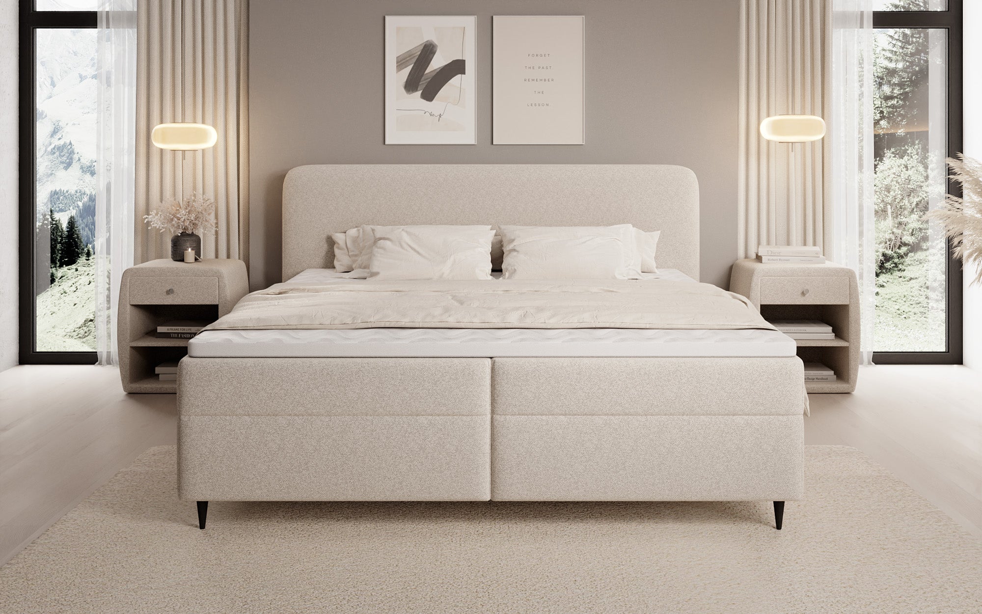 Boxspringbed Nea in structuurstof met opbergruimte