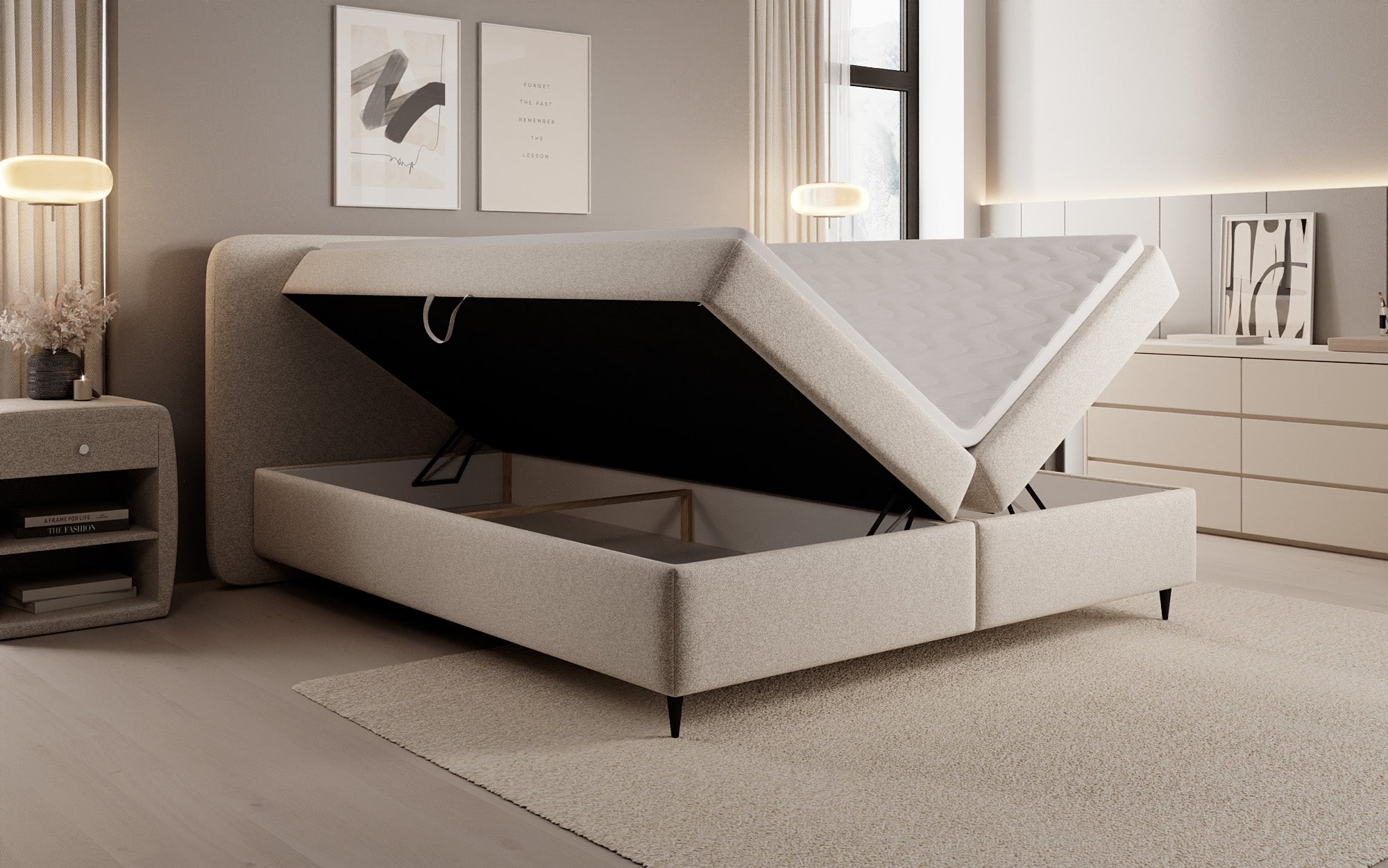 Boxspringbed Nea in structuurstof met opbergruimte