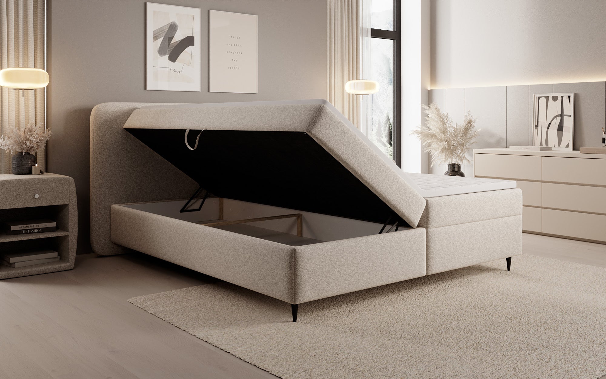 Boxspringbed Nea in structuurstof met opbergruimte