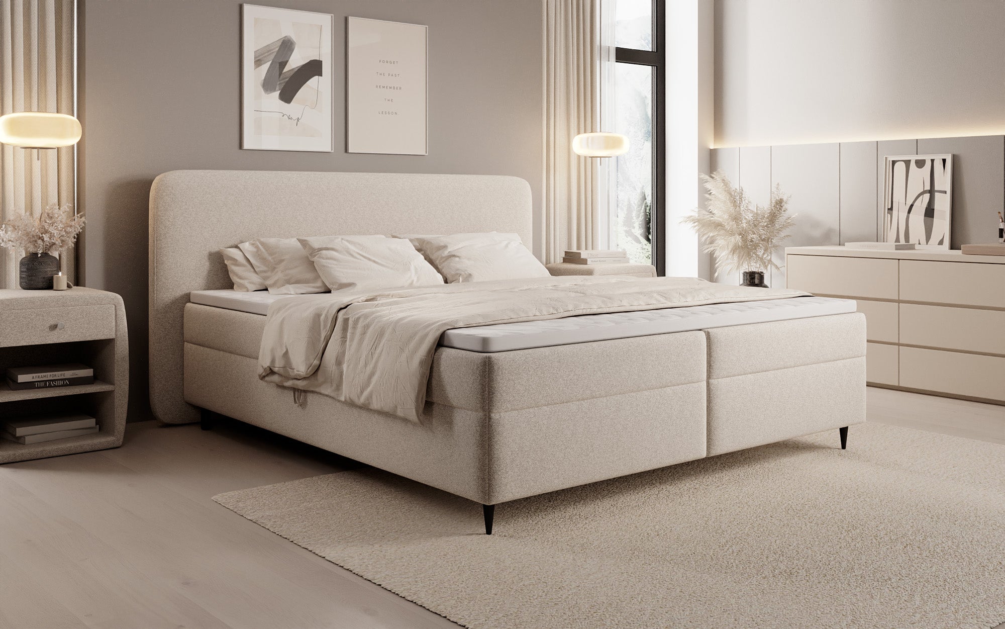 Boxspringbed Nea in structuurstof met opbergruimte