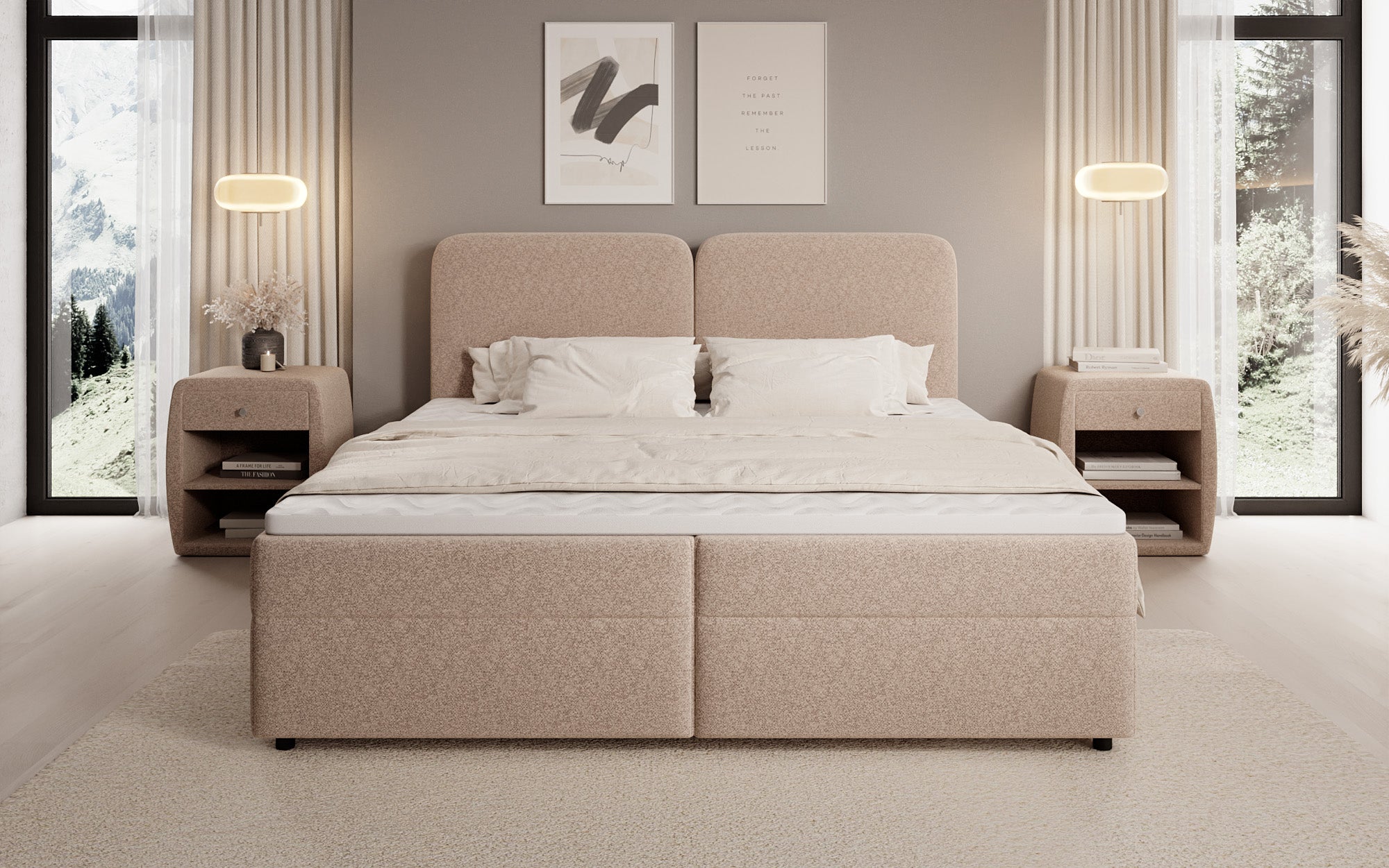 Boxspringbed Mira in structuurstof met opbergruimte