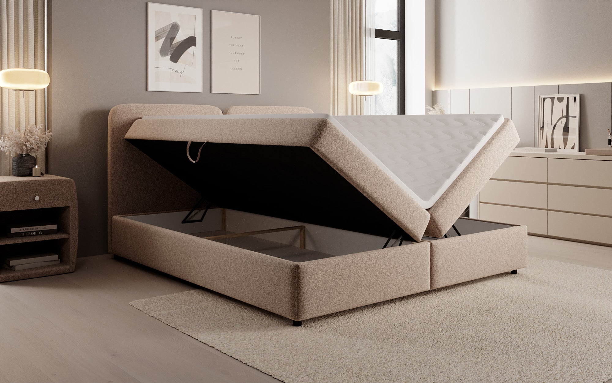 Boxspringbed Mira in structuurstof met opbergruimte