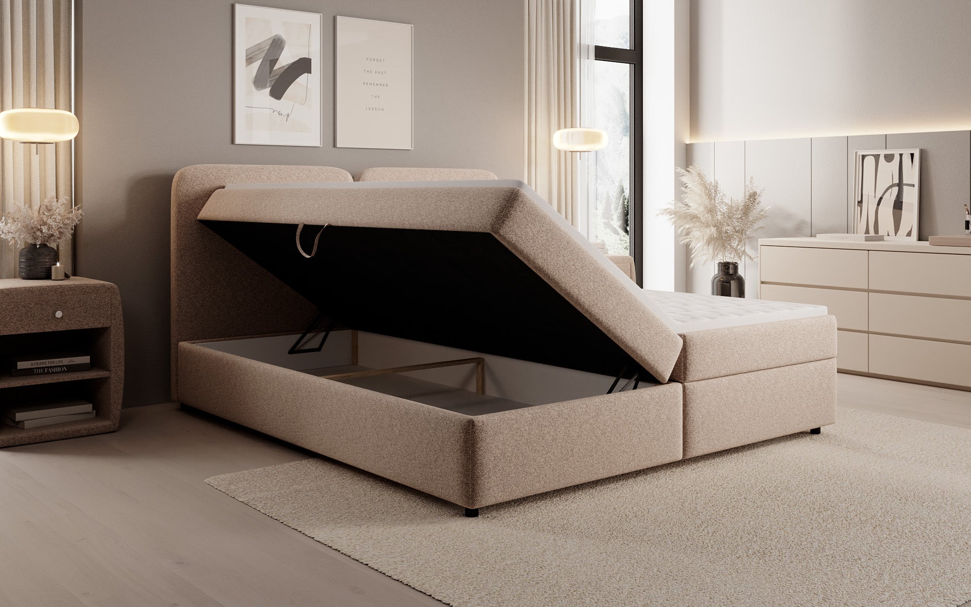 Boxspringbed Mira in structuurstof met opbergruimte