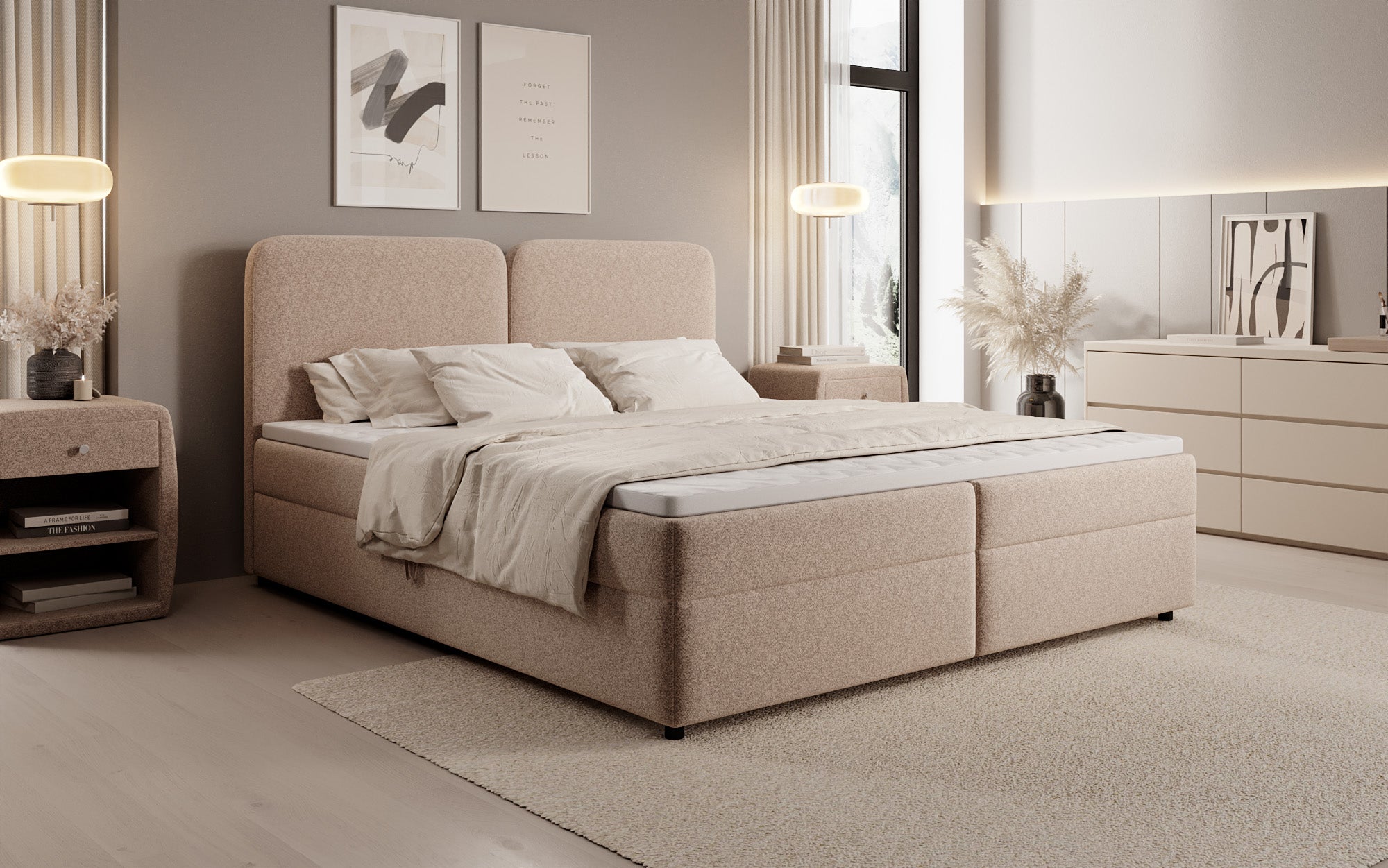 Boxspringbed Mira in structuurstof met opbergruimte