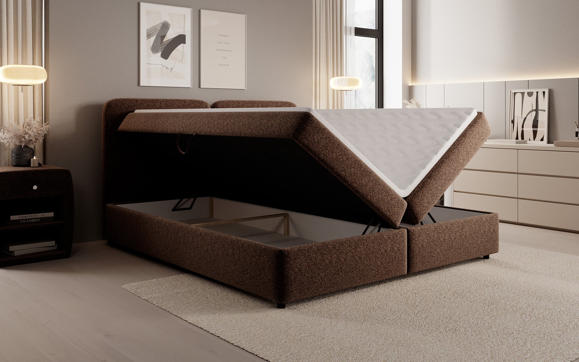 Boxspringbed Mira in structuurstof met opbergruimte