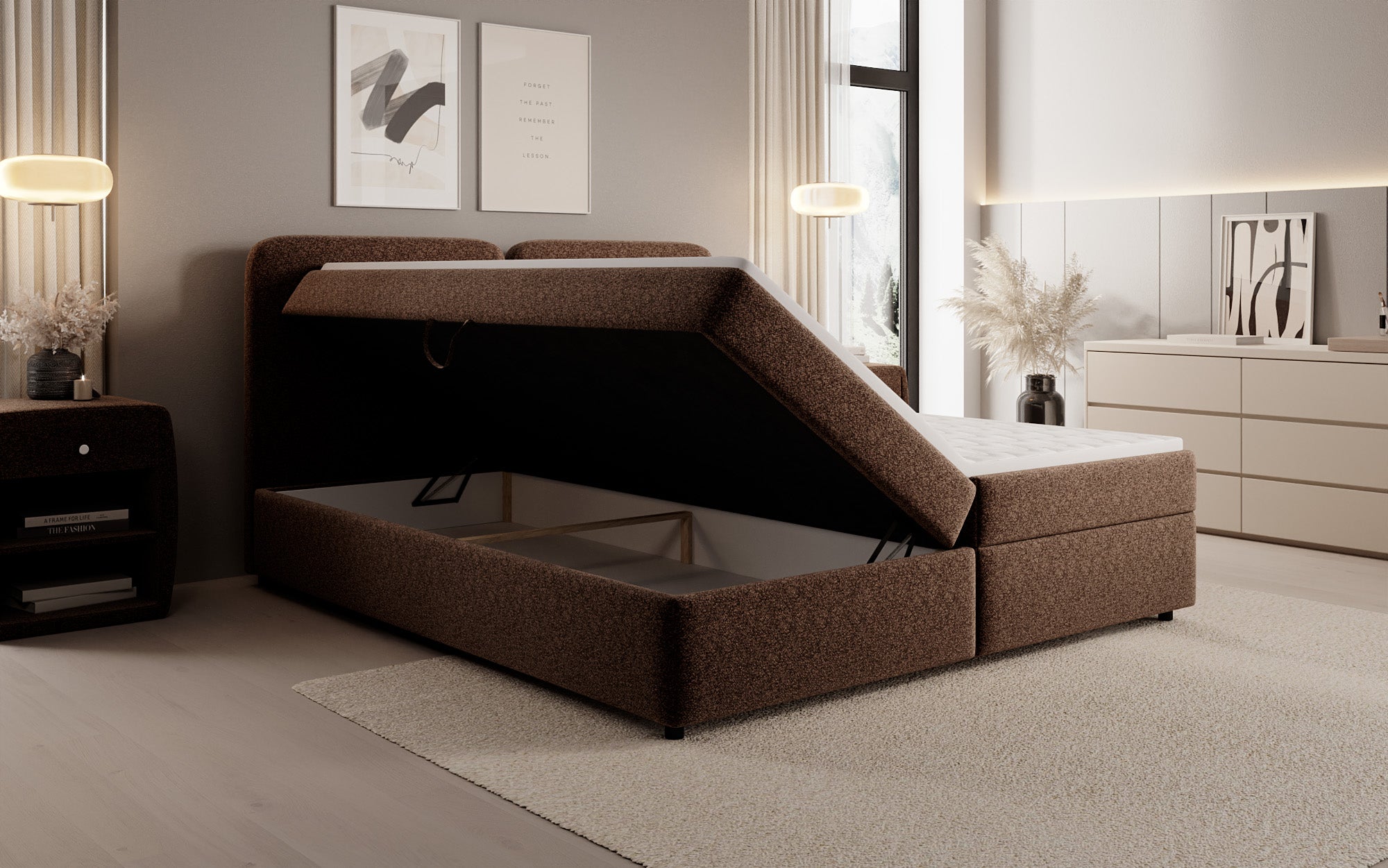 Boxspringbed Mira in structuurstof met opbergruimte