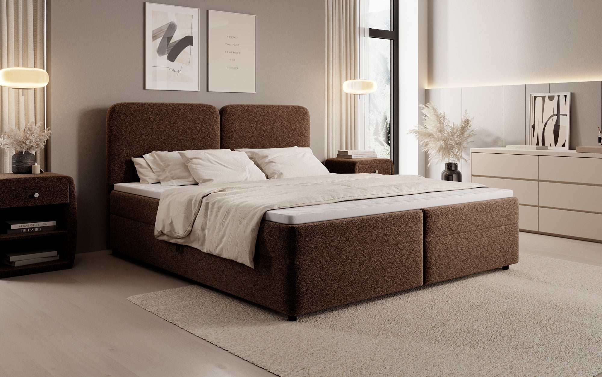 Boxspringbed Mira in structuurstof met opbergruimte