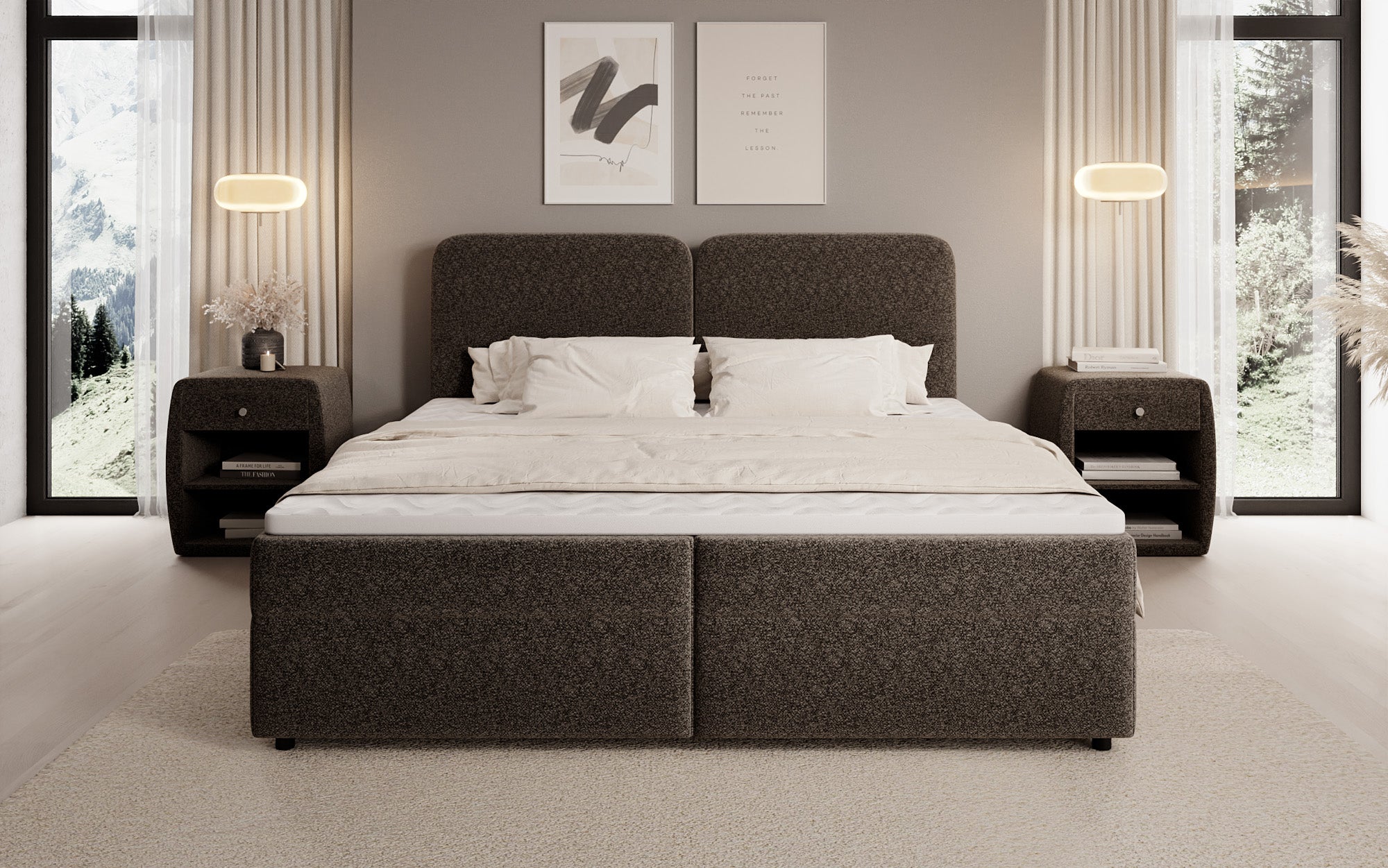 Boxspringbed Mira in structuurstof met opbergruimte