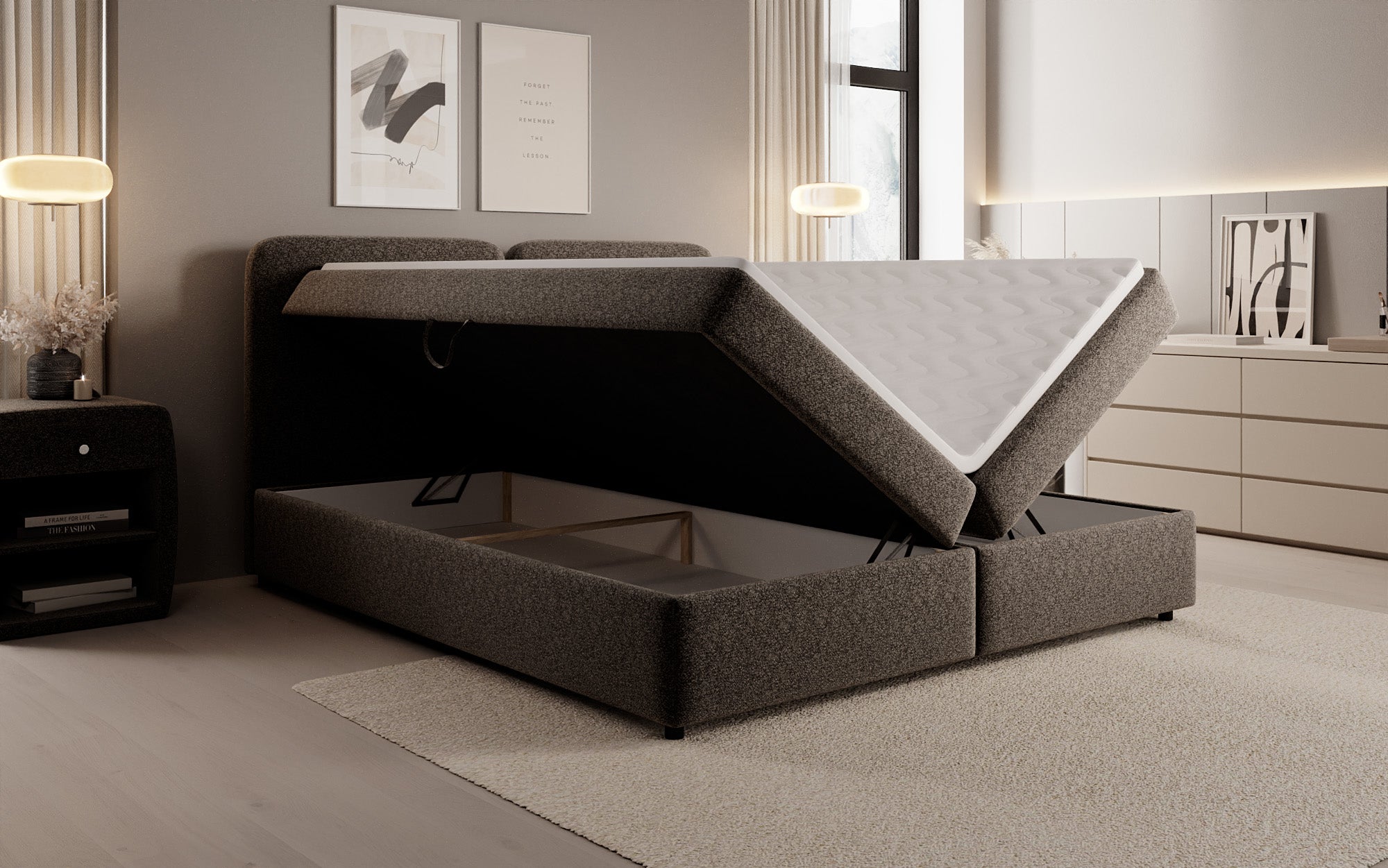 Boxspringbed Mira in structuurstof met opbergruimte