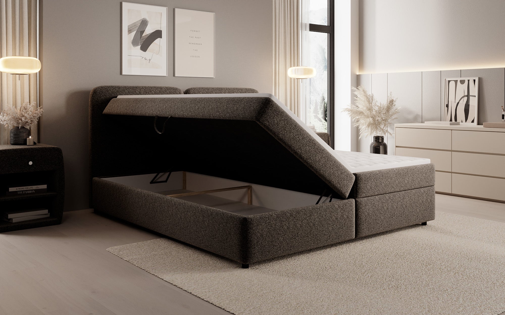 Boxspringbed Mira in structuurstof met opbergruimte
