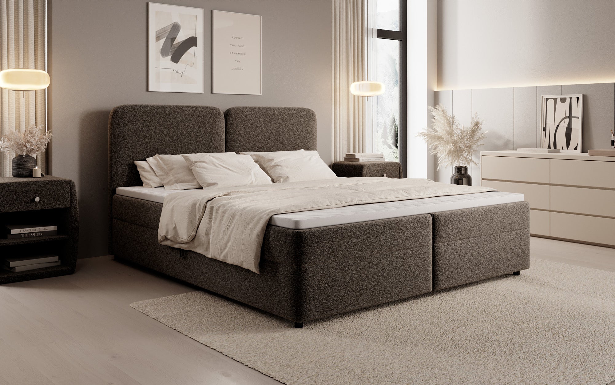 Boxspringbed Mira in structuurstof met opbergruimte