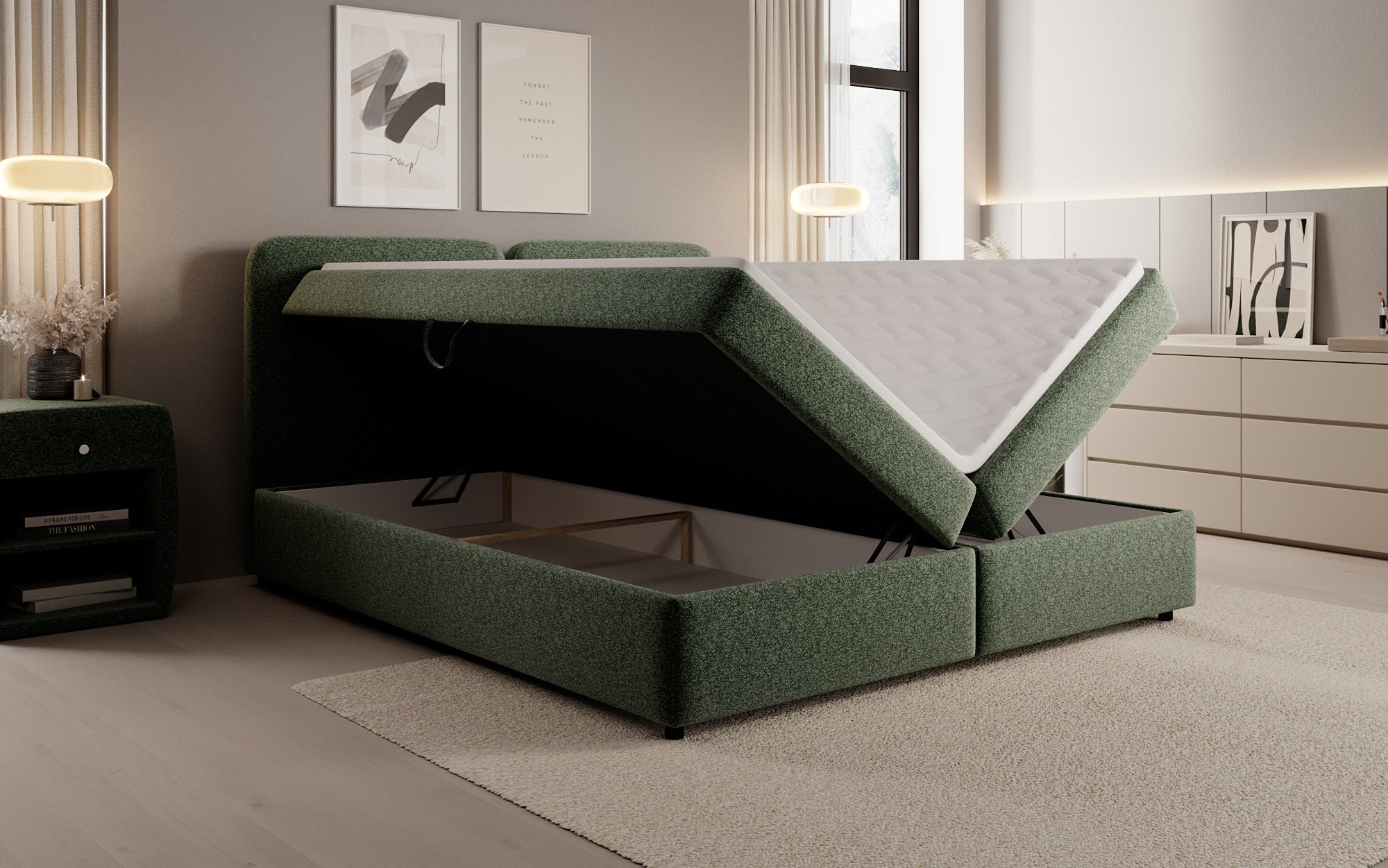 Boxspringbed Mira in structuurstof met opbergruimte