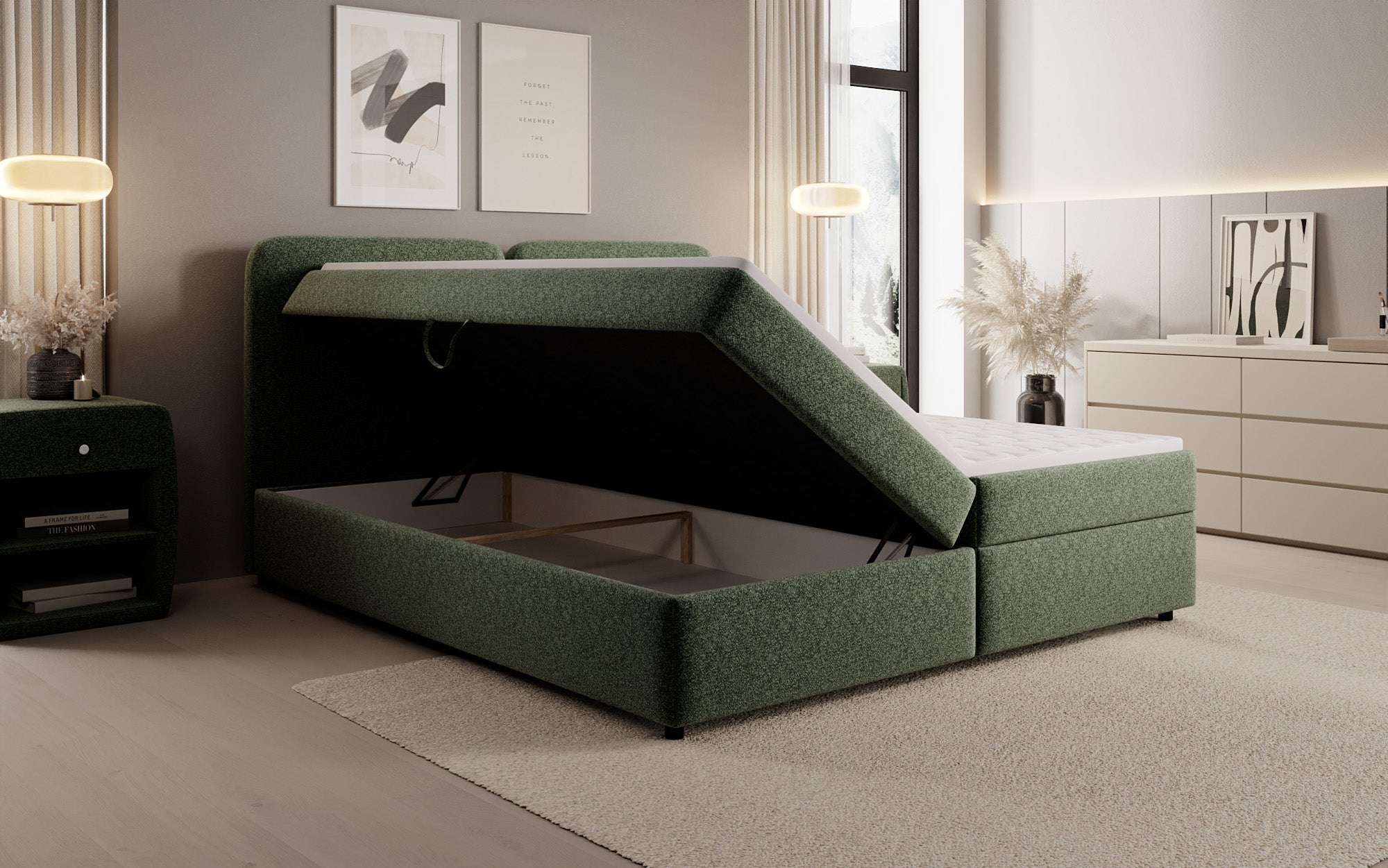 Boxspringbed Mira in structuurstof met opbergruimte
