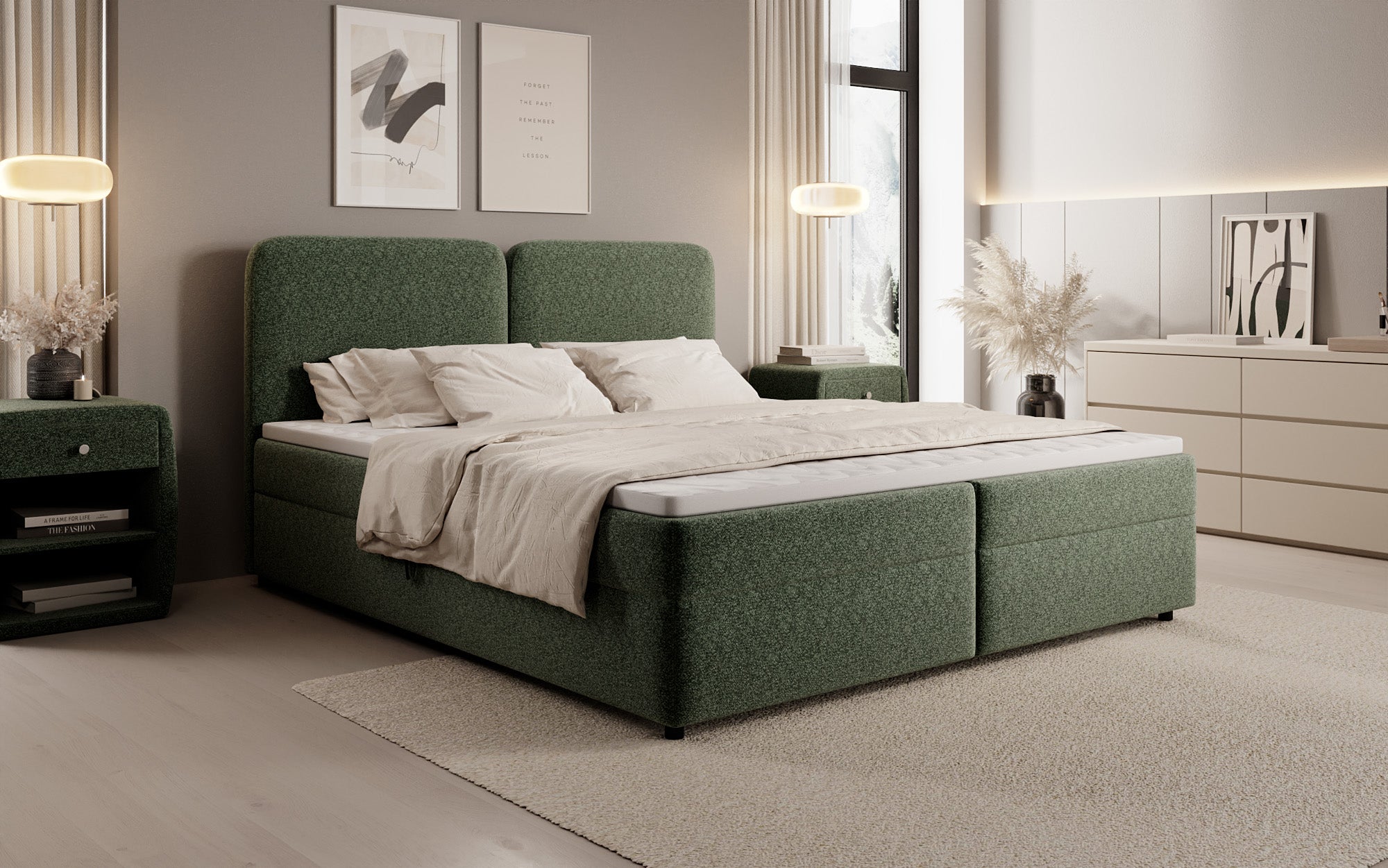 Boxspringbed Mira in structuurstof met opbergruimte