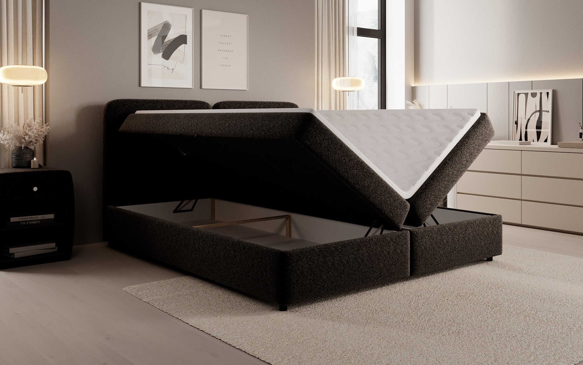Boxspringbed Mira in structuurstof met opbergruimte