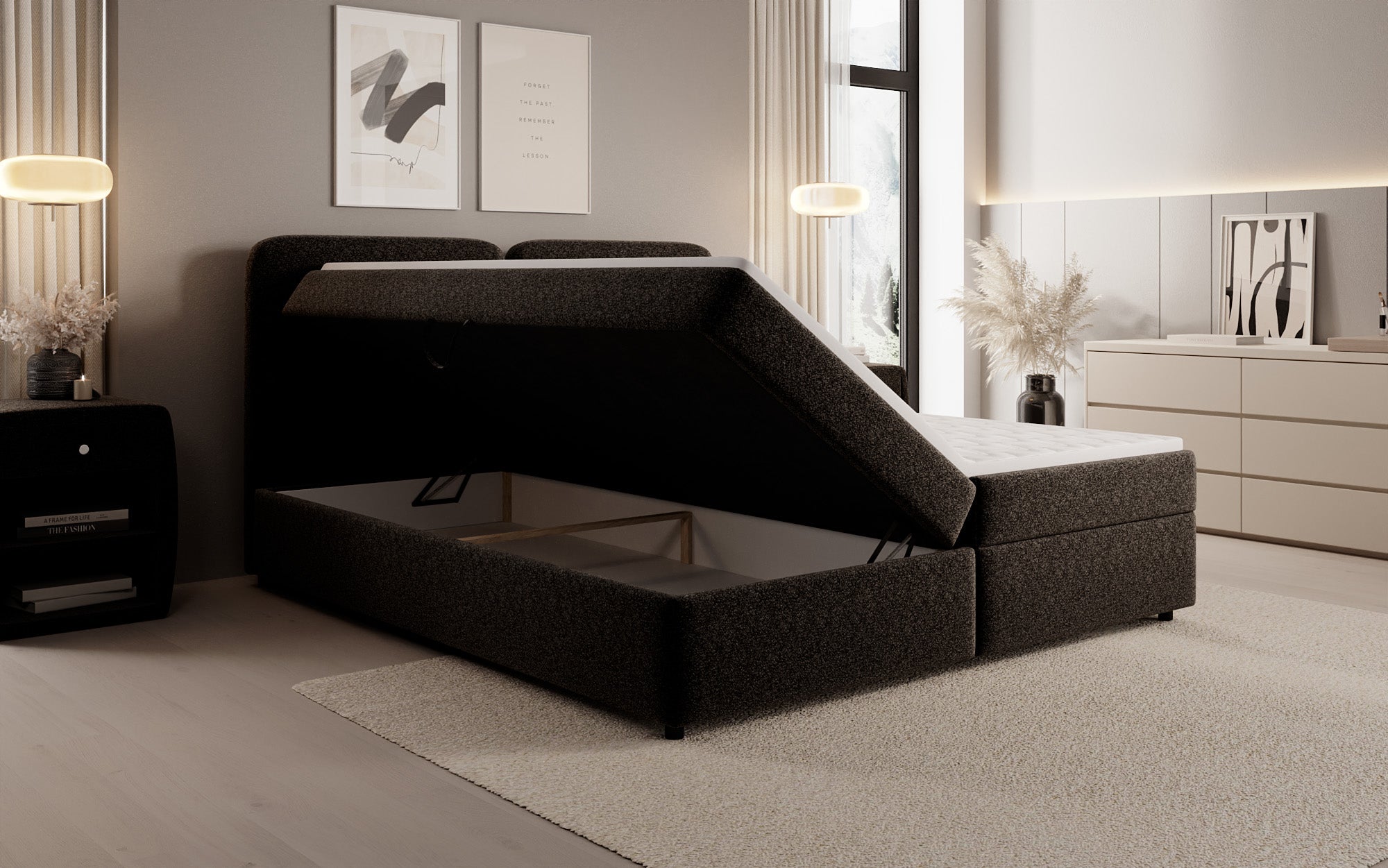 Boxspringbed Mira in structuurstof met opbergruimte