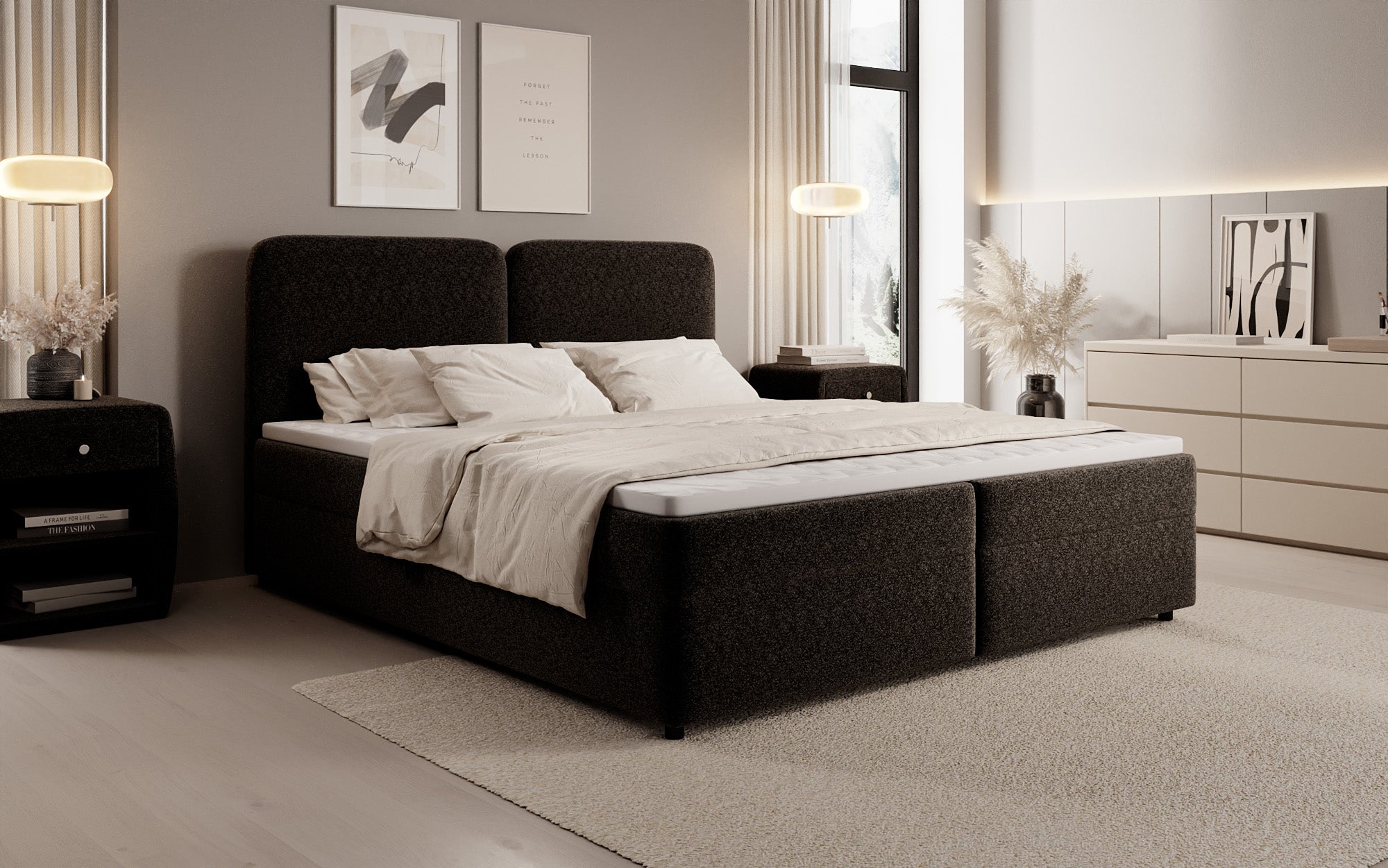 Boxspringbed Mira in structuurstof met opbergruimte